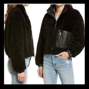 Faux Fur Shearling with Vegan Leather Trim Bomber Jacket - XL